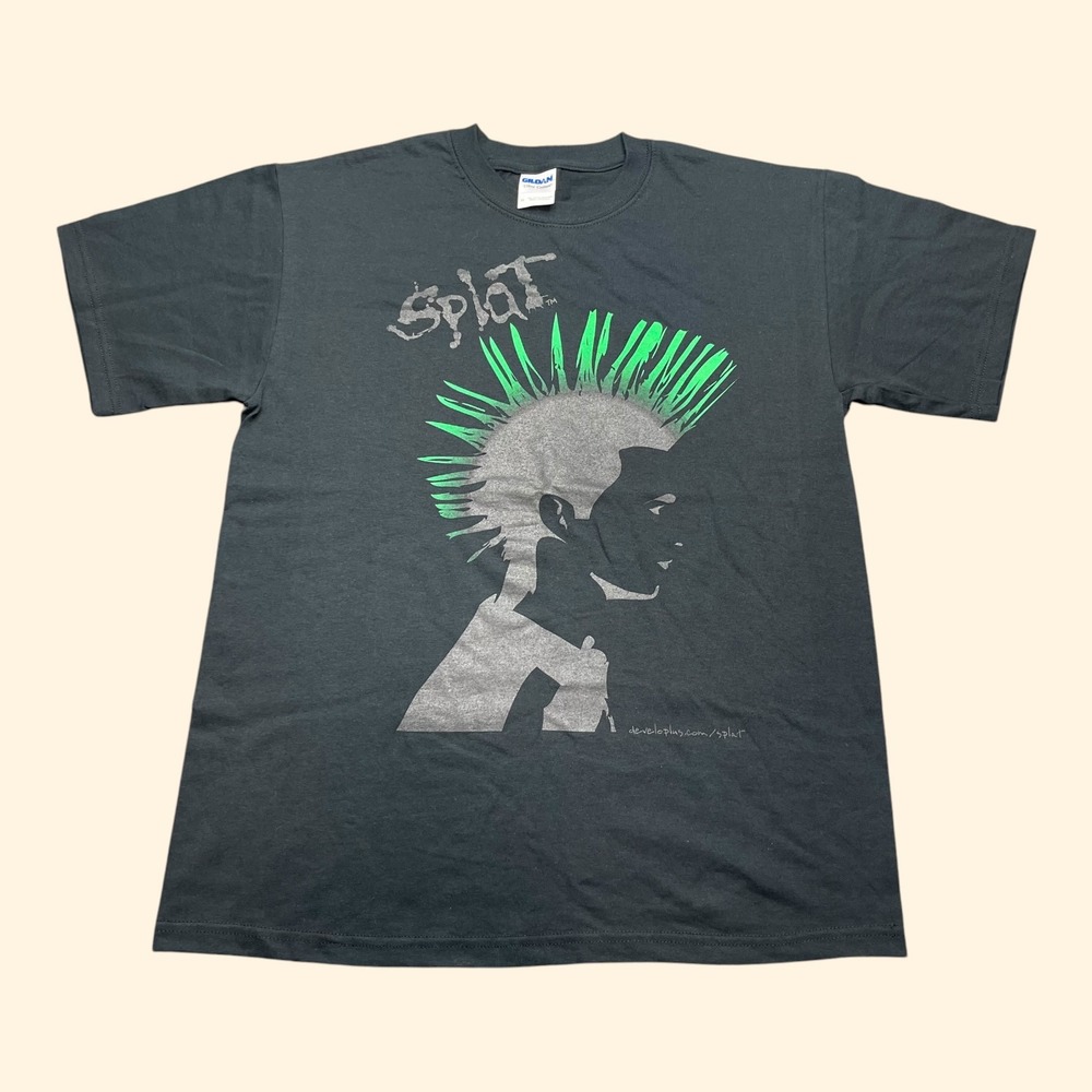 Vintage Y2K Gildan Splat Developlus Mohawk Graphic Tee Mens (M) Black T-Shirt